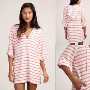 Trina Turk Costa De Prata Hooded Terry Tunic Coverup Large Roll Tab Beach Resort